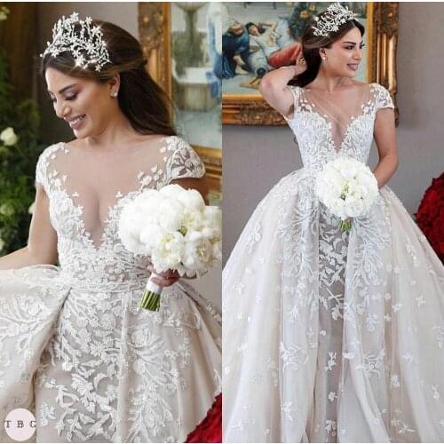 Elegant A Line Wedding Dresses with Detachable Train Sheer O Neck Short Sleeve Bridal Gowns Illusion Appliques Wedding robes