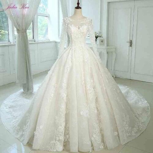 Julia Kui Floral Print Scoop A-line Appliques Wedding Dress Floor-Length Full Sleeves Embroidery Chapel Train Vestido de noiva