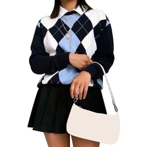 Knitted Y2K Aesthetic Argyle WomenS Sweater 90S E Girl School Preppy Style Pullover Sweaters Female Elegant Top S Blue