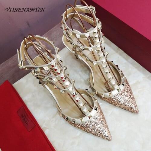 Rivet High-heeled Shoes Stiletto Combination Strappy Sandals Womens All-match Stiletto Net Red Sequined Pointed Shallow Shoes