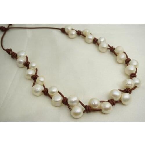 Unique Pearls Jewelry 12mm Large White Color Genuine Freshwater Pearl Brown Leather Necklace Charming Women Wedding Gift