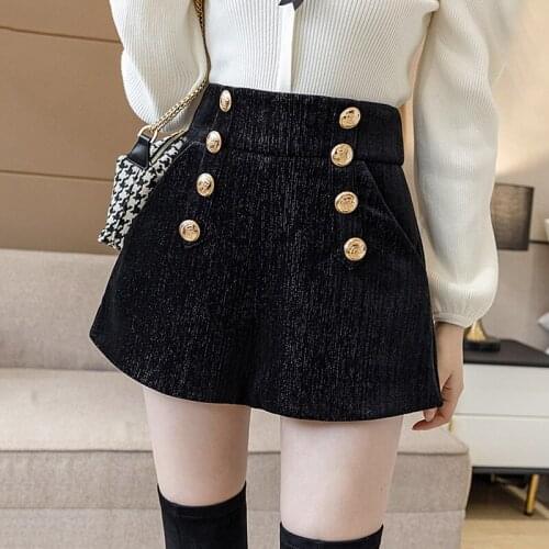 Vintage Black Velvet Shorts Women Streetwear High Waist Double Breasted Shorts Autumn Winter Plus Size Wide Leg Shorts Femme