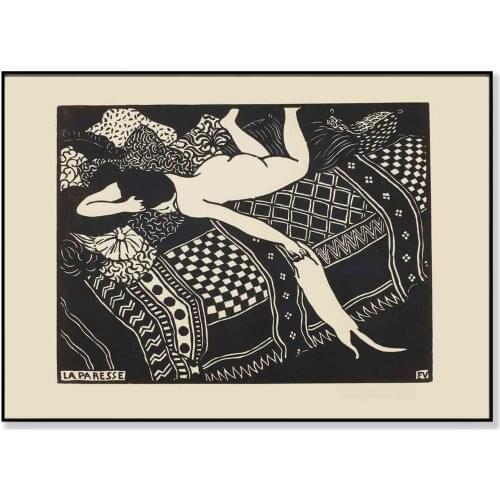 Vintage Poster Wall Art Print La Paresse Felix Vallotton Laziness Black and White Woman Cat Antique French Art Painting Picture