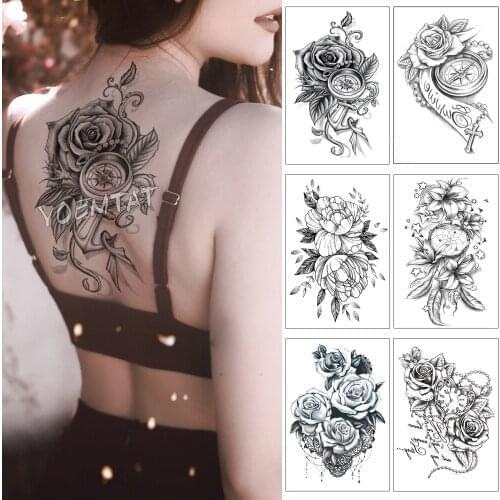 3D Rose Anchor Clock Pearl Waterproof Temporary Tattoo Sticker Black Arm Back Flowers Big Tatto Body Art Fake Tatoo For Women