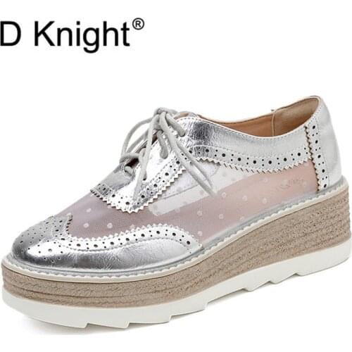 2021 New Mesh Platform Oxford Shoes For Women British Style Lace-Up Single Ladies Pumps Shoes Summer Wedge Heels Brogues Shoes