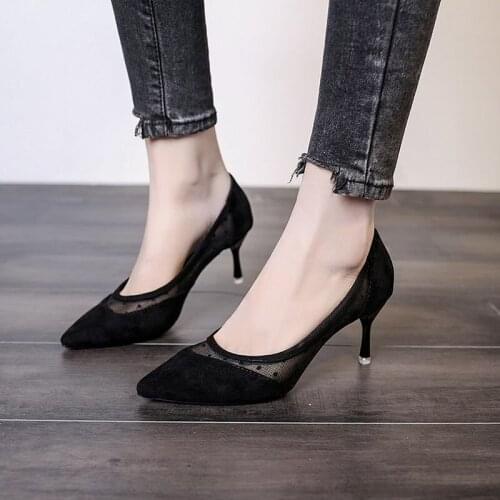 New High Heels Ladies Shoes Fashion Black Sheepskin Party Shoes Summer Shallow Mouth Female High Heels Woman Shoes