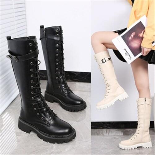 Long Tube Knee High Boots Womens 2021 Autumn Winter Fashion Buckle British Knight Boots Soft Leather Lace Up Shoes Black Beige
