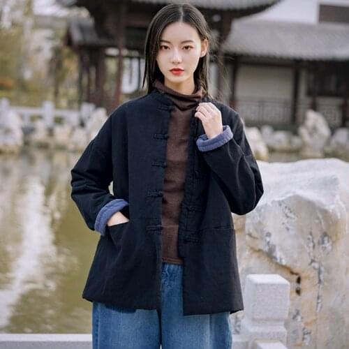 Aransue 2020 Cotton And Linen Lady Top Retro Standing Collar Flax Button Short Warm Jacket Winter Coat