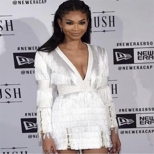 Womens Bandage Dress New 2021 Summer Celebrity Party White Long Sleeve V-neck Fringe Mini Dress Vestidos Sexy Fashion Wholesal
