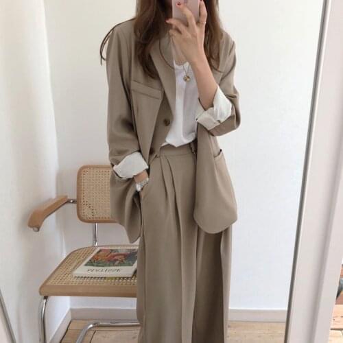 Korean Style Two 2 Piece Set Women Turn Down Collar Single Breasted Long Sleeve Ladies Coat and High Waist Wide Leg Long Pants