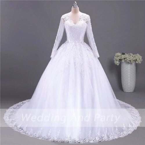 Vestidos de Novia Ball Gown Tulle Wedding Dresses Plus size V neck long sleeve Princess Lace Robe De Mariee Wedding Bride Dress