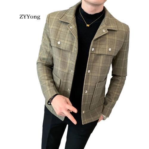 ZYYong Autumn And Winter Mens Plaid Coat Coat Blue Camel High Quality Lapel Slim Fashion Brand Casual Suit Mens Jacket