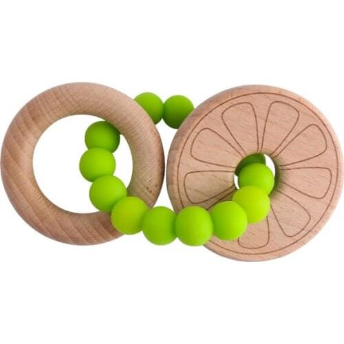 1PC Baby Teether Toys Beech Wooden Wood Teething Rodent Ring Silicone Beads Chew Play Gym Montessori Stroller Toy