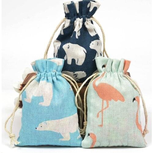 10pcs 10*14cm Printed Cotton Linen Bundle Pocket Cartoon Drawstring Bag Burlap Bag Candy Jewelry Nuts Cookie Bag Party Favors