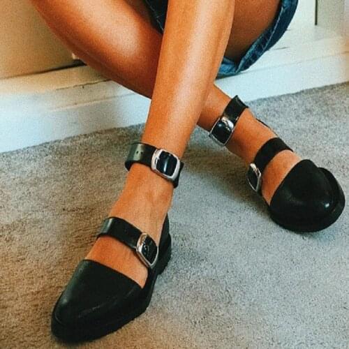 Hot style us and American baotou flat flat matching sandals square and buckle round head ladies plus-size fashion single shoes