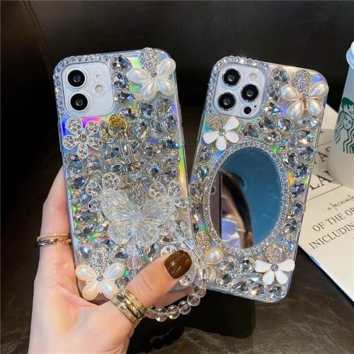 Bling Diamond Butterfly Chain Mirror Phone Case For iphone X XR XS 11 Pro Max 12 Pro 7Plus 5s se 6 s 7 8 Plus SE mini + Cover
