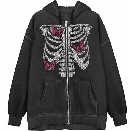 Vintage Hot brick Skeleton Oversized Hoodies Female Zip Up Long Sleeve Women Sweatshirt Y2K Aesthetic Grunge Streetwear clothes