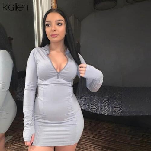 KLALIEN women casual zipper Turtleneck long sleeve skinny mini dress fashion high street patchwork stretch bodycon dress ladies