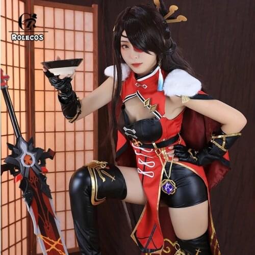 ROLECOS Game Genshin Impact Beidou Cosplay Costume Women Black Red Costume Halloween Dress Cloak Headwear Full Set