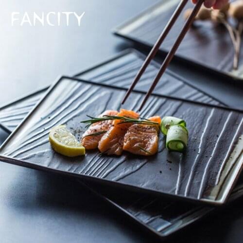 FANCITY Creative personality Japanese style wood grain ceramic characteristic restaurant tableware square flat plate sashimi