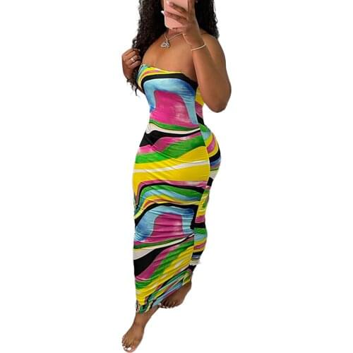 Women’s Sexy Tube Tops Pencil Dress Fashion Irregular Printed Off-the-shoulder Skinny Long Dress