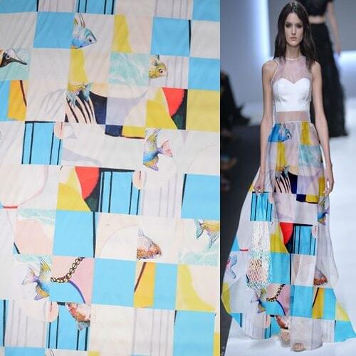 Fashion plaid and cartoon fish design pure silk organza silk fabric,SOZ124