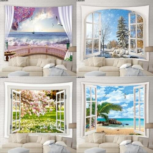 Natural Window View Tapestry Ocean Beach Palm Trees Green Plant Flower Snow Scenery Wall Hanging Beach Towel Yoga Mat Home Decor