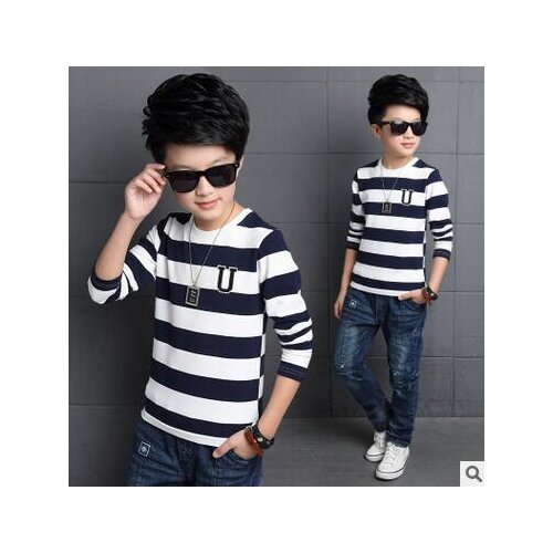 New 2017 Boys Fashion casual long-sleeve t shirts navy white striped spliced tops tees spring summer boy brand clothing 5-15Y