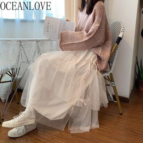 OCEANLOVE Mesh Mujer Faldas Solid Sweet Japan Style Kawaii Bow 2021 Spring Ruffles Autumn Woman Skirts Elegant Skirt 19827