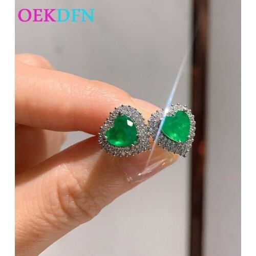 OEKDFN 100% 925 Sterling Silver Earrings Women Heart Paraiba Tourmaline Emerald Gemstone Ear Studs Fine Jewelry Wholesale