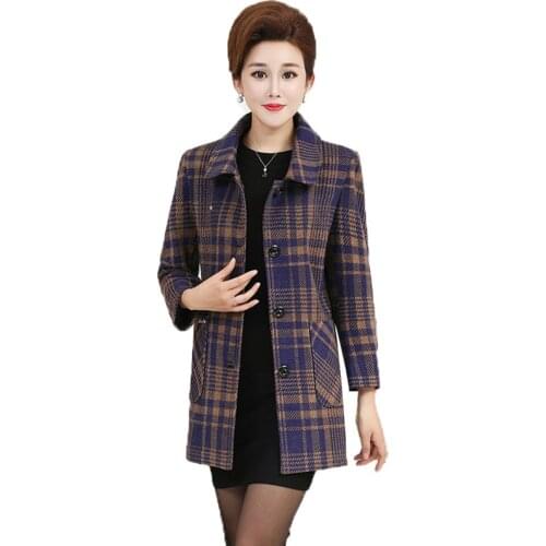 Blended Woolen Coat Middle-aged and Elderly Womens Jackets Autumn And Winter Single-breasted Thicken Wool Plaid Jacket Outwear