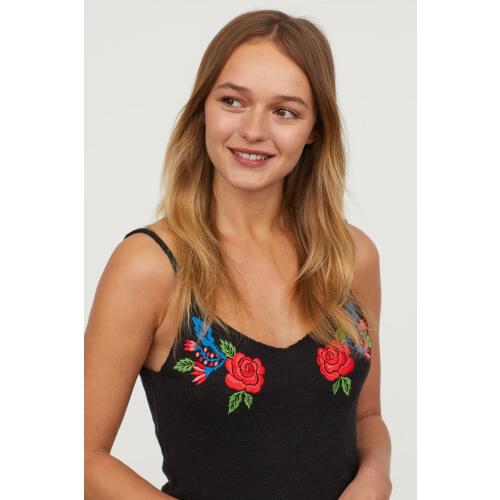 Summer Knitted Rose Embroidery Casual Women Camisoles Spaghetti Strap Backless Off Shoulder Crop Top
