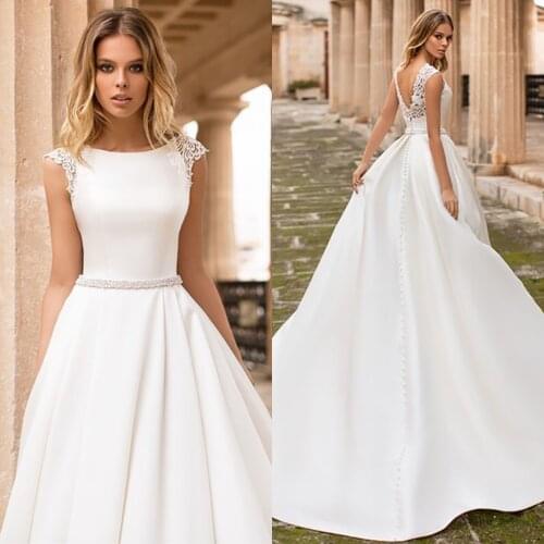 Amazing O-Neck Satin Wedding Dress A-Line V-Back Custom Made Bridal Gowns with Lace 2020 Robe de mariee Vintage