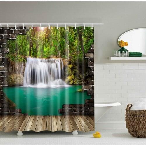 Beautiful Forest Waterfall 3D Shower Curtain Polyester Waterproof Belt Hook Curtain Bathtub Waterproof Curtain Home Decoration