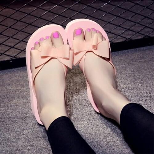 Platforms Shoes Women Flip Flop Slippers Bow Wedges Shoes for Women Slippers with Heels 5CM Pink Decoration Home Slipper Women