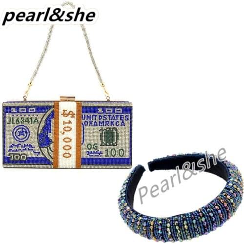 Womens Hairband Colorful Rhinestone Headwrap Hair Band Dollar Cash Bag Rhinestone Money Shoulder bags