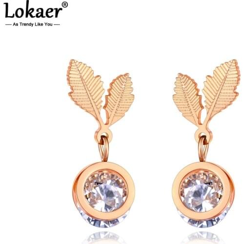 Lokaer Rose Gold Cubic Zirconia Tree Leaves Stud Earrings Stainless Steel Trendy Plant Earrings Jewelry For Women Girls E20327
