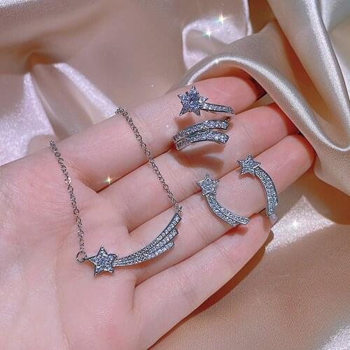 Stars Austrian Crystal Zircon Diamond Gemstones Womens Pendant Necklaces Earrings Rings 18k White Gold Color Jewelry Sets Gifts