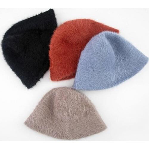 Winter Bucket Hats Women Solid Color Warm Faux Rabbit Fur Bucket Cap Wide Brim Bucket Hat Cap Fisherman Hat Bucket Basin Hat