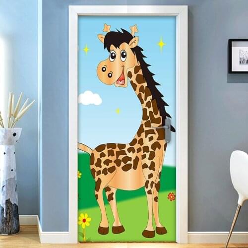 3D Giraffe Door Sticker Wallpaper For Kids Room Children Room Bedroom Door Decoration Mural DIY Self-Adhesive Waterproof Sticker