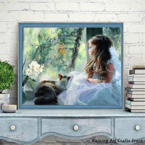 5D Diy Diamond Painting Cute Girl with Cat Full Round Square Drill Cross Stitch Kits Embroidery Mosaic Pictures Home Decor Gift