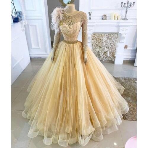 Arabic Aso Ebi Gold Lace Crystals Evening Dresses Long Sleeves Prom Dresses Vintage Formal Party Second Reception Gowns 2020