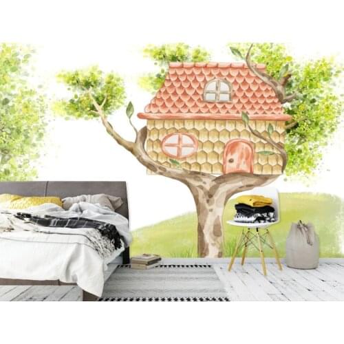 XUE SUCustomized large mural wallpaper Nordic pastoral hand-painted tree house childrens room background wall painting