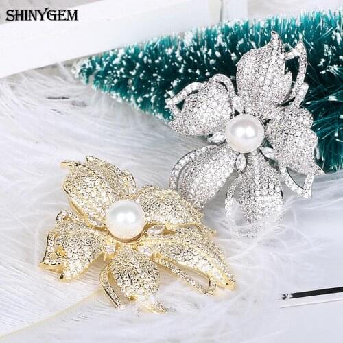 SHINYGEM Gold & Silver Color Flower Brooche Sparkling Enamel Pin Metal Round Shell Pearl White Zircon Elegant Delicate For Women