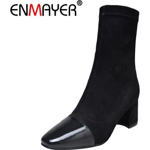 ENMAYER Woman Ankle boots Short boots Winter Shoes Square toe Black Size 34-40 Causal Flock Med heels Slip on Thick heels CR1627