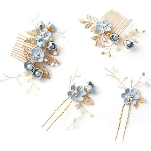 Luxury Blue Lavender Pink Flower Hair Combs Headdress Prom Bridal Wedding Hair Accessories Gold Leaves Hair Jewelry Hair Pins