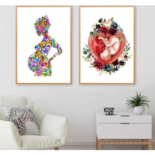 Pregnancy Watercolor Floral Print Wall Art Midwife Gift Gynecologist Doula Medical Education Poster Canvas Painting Wall Decor