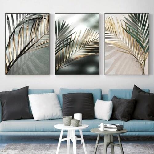 Nordic Fall Wall Art Golden and Green Palm Leaf Plant Canvas Painting Poster Print Botanical Picture Flower Artwork Home Decor