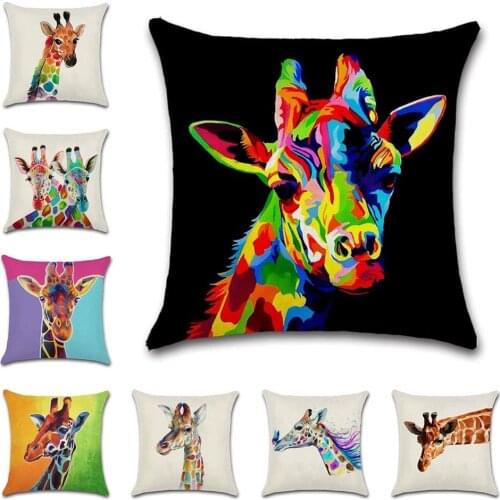 Colorful Giraffe Pattern Linen Beige Cushion Cover Pillow Case Decoration for Home Living Room Sofa Chair Friend Gift