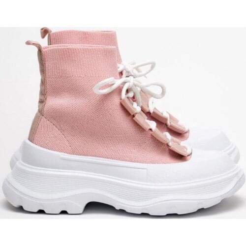 Women Sneakers Pink Knitwear Lace-Up Details Women Shoes 2021 New Season Thick Sole Sport Shoes Flats Lightweight Orthopedic